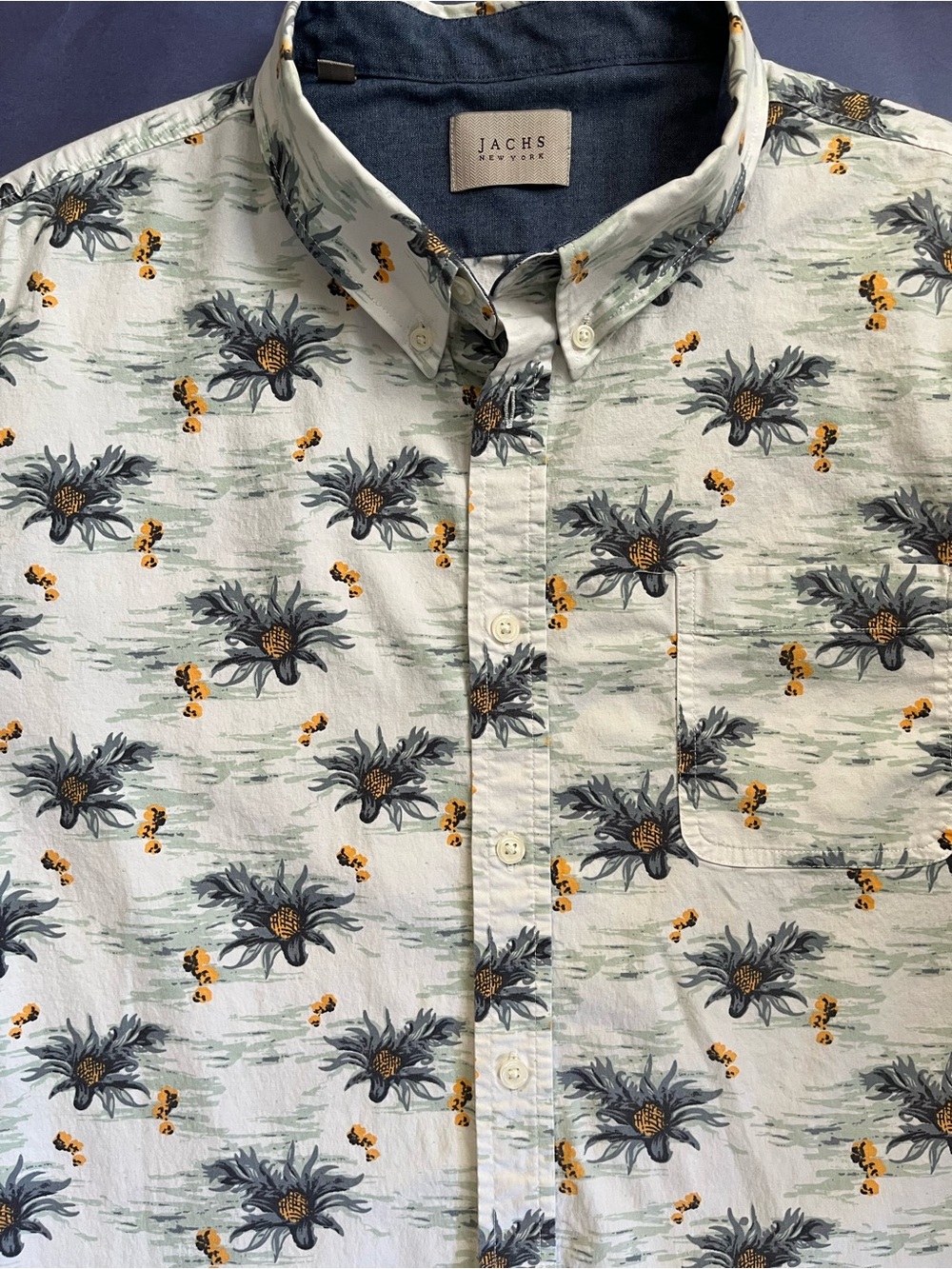 Jachs White Floral Short-Sleeve Button-Down with Yellow Accents - Size L